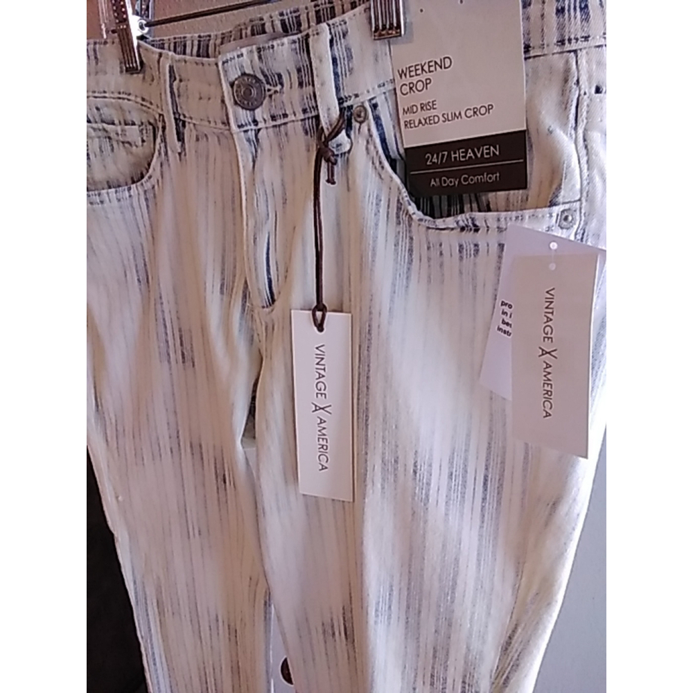 Vintage America Weekend Crop Jeans Size 6 NWT Distressed Stripe Wash Denim - Picture 4 of 13